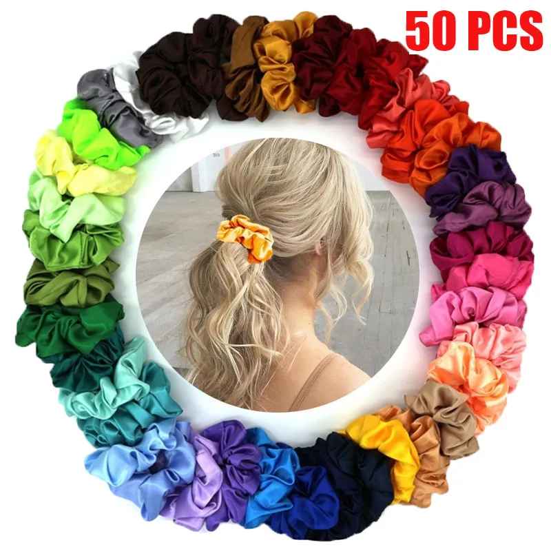 headbands for women 6/10/12/20/30/50Pcs Fashion Women Silk Solid Scrunchies Elastic Hairbands Girls Hair Tie Hair Rope Hair Accessories hair bow for ladies Hair Accessories