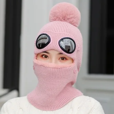 pink Унисекс зимние уличные очки вязаная Лыжная Шапка Кепка Балаклава маска Защита лица и шеи толстый шарф маска Skullies Beanies шапка вязаная - Цвет: pink