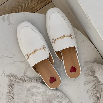 

Women Mules Female Metal Slippers Square Toe Woman Love Pattern Flats Ladies Comfortbale Shoes Women's Footwear Summer Plus Size