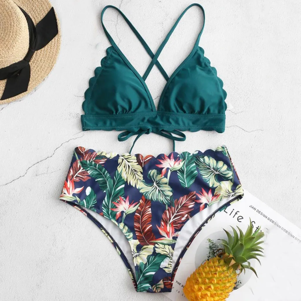 

Green Sexy Bikini Swimsuit Women Swimwear Push Up Bikinis Set Leaf Print Female High Waist Beach Bathing Suits Swimsuits #TX