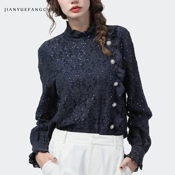 

Lace Top Women 2020 Spring New Dark blue 3D Floral Blouses Loose Plus Size Long Sleeve Ruffle Pearls Beaded Casual Female Blouse