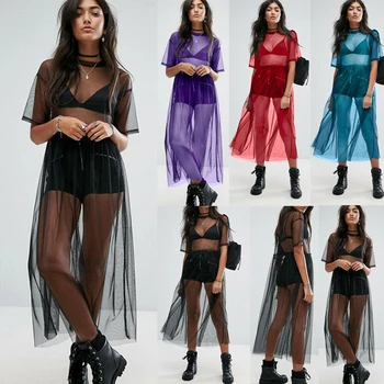 

Sexy Chiffon Womens Beach Cover Ups Black See Through Mesh Dress Sheer Maxi Cover Up Tulle Lace Beachwear Female Swimsuit