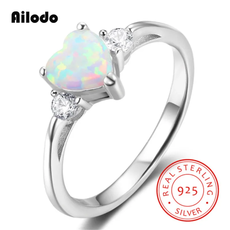 Ailodo, Настоящее 925 пробы, серебряные кольца для женщин, романтическая форма сердца, белый опал, CZ проложенный, обручальные кольца, 19NOV20