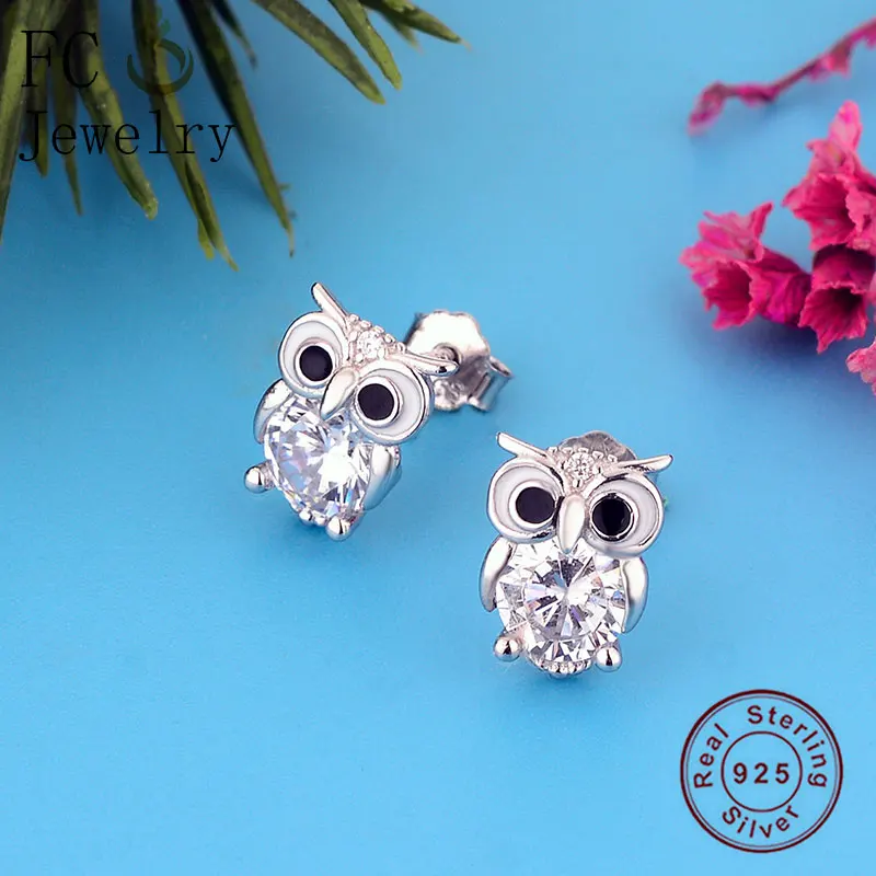 

FC Jewelry 100% 925 Silver Korean Owl Crystal Enamel Eye Stud Earring For Women Girl Pendientes Brinco 2019 Boucle D'oreille