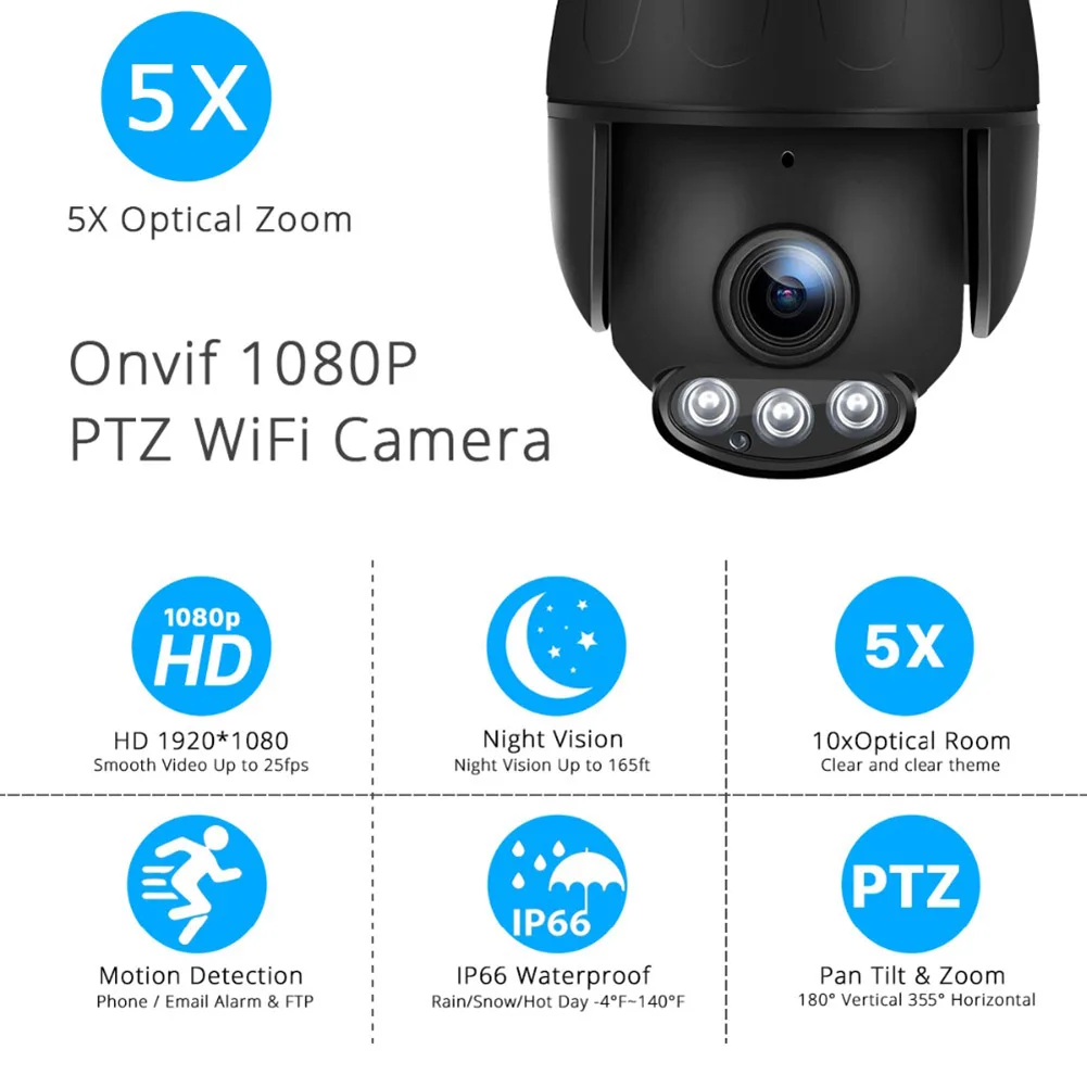 

IP Camera 2MP 1080P 5X Optical Zoom Wifi PTZ Waterproof Motion Detection Night Vision for Home Hi dropship