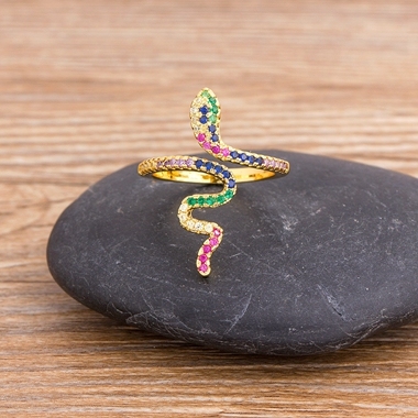 Gold Color Snake Open Ring For Women Adjustable Exquisite Shiny Cubic Zirconia Finger Ring Wedding Party Bar Jewelry Gift
