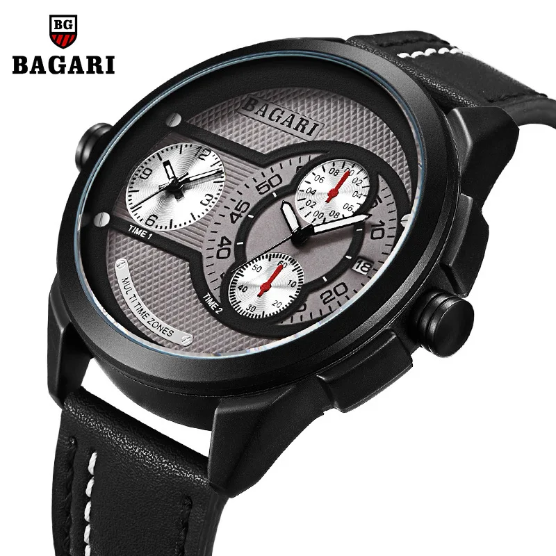 

Bagari Watch Hot Selling Men Multi-functional Sports Waterproof Japan Double Inserts Night Light Calendar Leather Watch