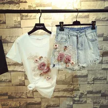 2020 Summer New Women Flower Diamond Cotton Shirt Tshirt + Wide-legged Jean Shorts Girl Ladies High Waist Hole Denim Shorts Set