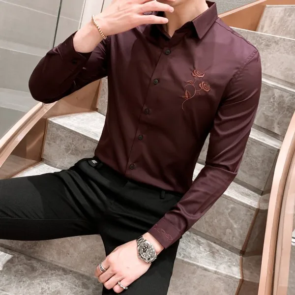 Wine Red Мода рубашка-смокинг мужская Осенняя Новая роза вышивка мужские рубашки с длинным рукавом фиолетовый обтягивающий официальный одежда Блузка Homme - Цвет: Wine Red