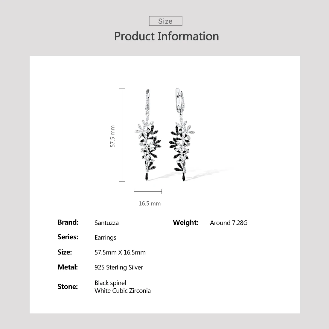 SANTUZZA Silver Drop Earrings For Woman 925 Sterling Silver Black Spinel White Cubic Zirconia Flowers Classical Fine Jewelry