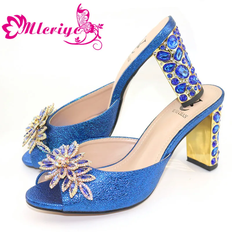 

Blue Peep Toe Wedding Shoes with Rhinestone Square Heels Pumps for Party Elegant Italian Design Women Wedding Sandals
