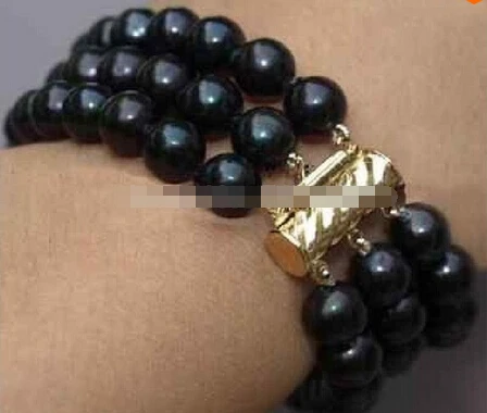 >>>>>>>3 ROW 7.5-8 INCH AAA 8-9MM TAHITIAN BLACK PEARL BRACELET