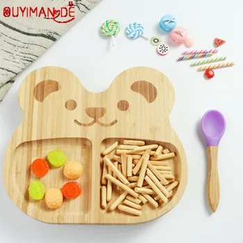

Fashion Cute Cartoon Children's Bamboo Dishes Set Creative Cute Baby Dinner Plate Silicone Spoon Home Baby Cute Tableware