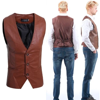 

LEMOV Solid Men's Slim Vest Sleeveless Hiking Vests Casual Faux PU Leather Vests Single Breasted Button V-neck Fit Vest Male