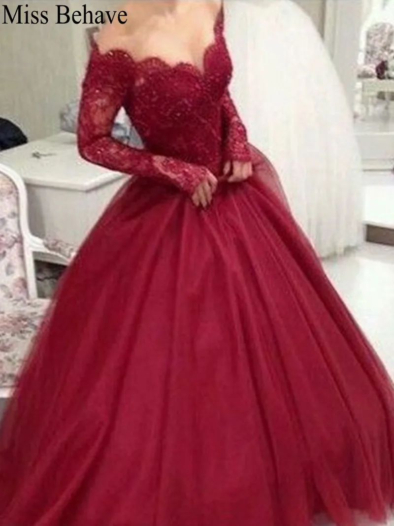 

DD JYOY Ball Gown Evening Dress Long Sleeve Lace Off the Shoulder Evening Gowns Party Zipper Back robe soiree