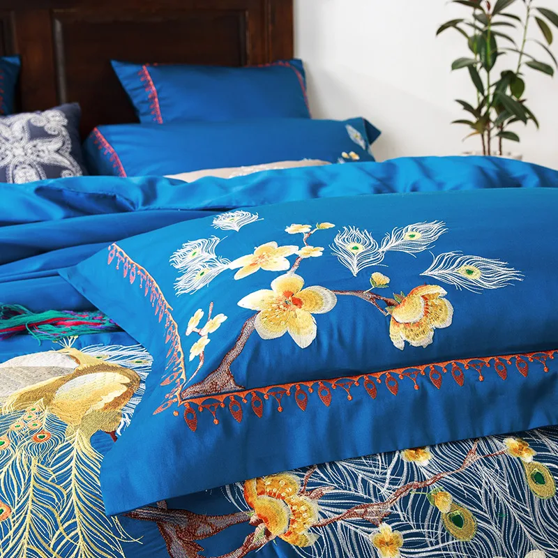 Роскошный синий китайский стиль постельного белья Королева Король Размер вышивка Египетский хлопок постельное белье пододеяльник простыня наволочки