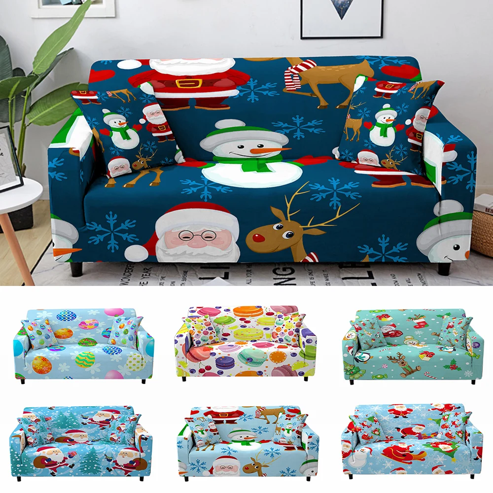 

Merry Christmas Santa Claus Elk Snowman Printed Elastic Sofa Cover for Living Room Sofa Protective Cover Slipcover Xmas Decor