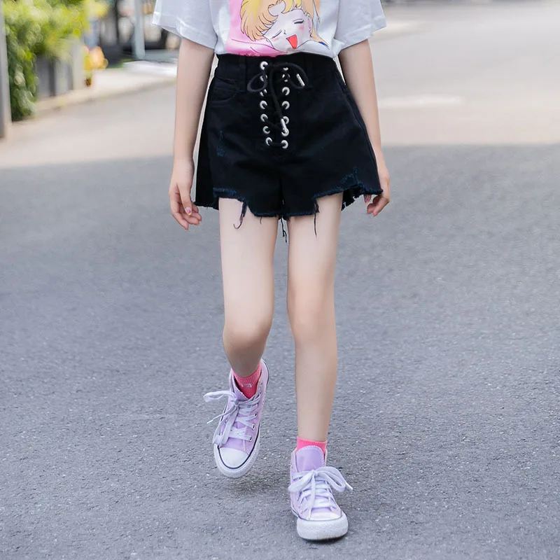 2020 Summer Jeans Shorts Black/white High Waist For Teens Oversized Jeans/pants Teenage Clothes Ripped Girls 12 | Детская одежда и