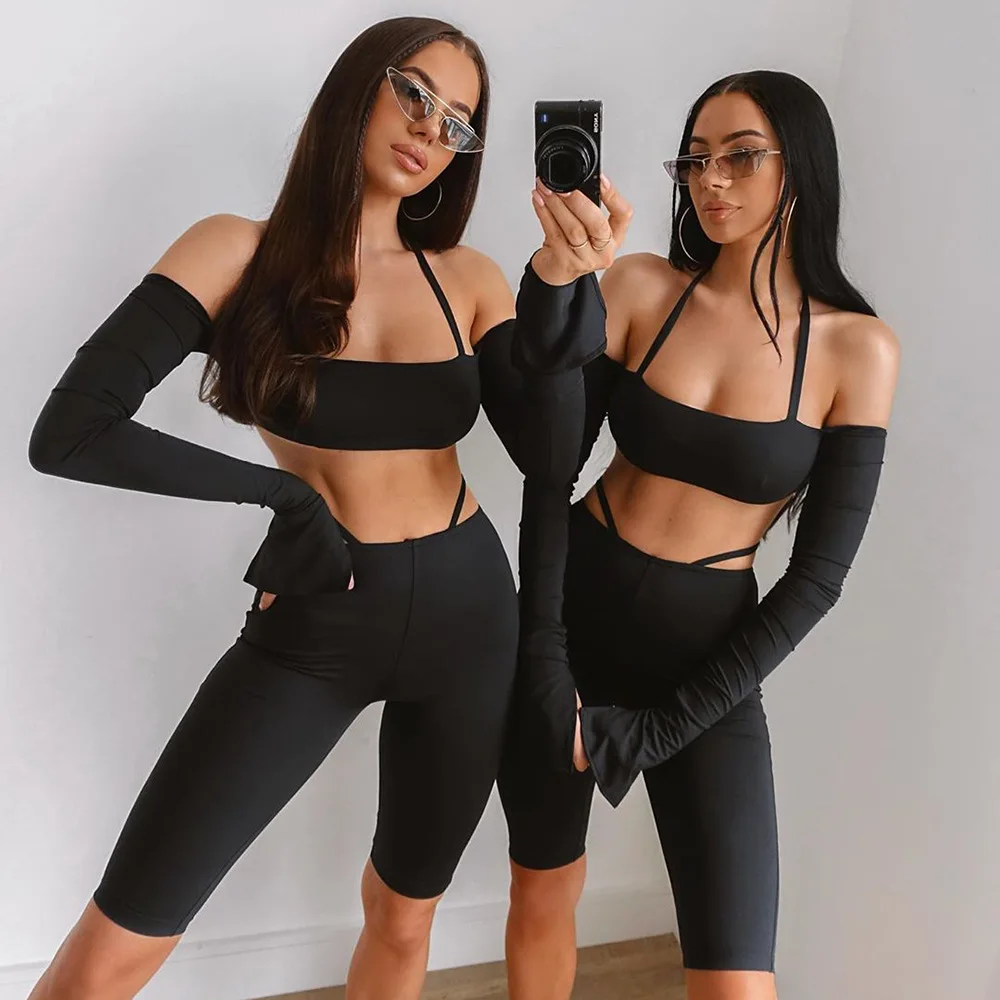

Off Shoulder Crop Top And Shorts 2 Piece Set Women Fitness Tracksuit Women Causal Black Summer Clothes For Women