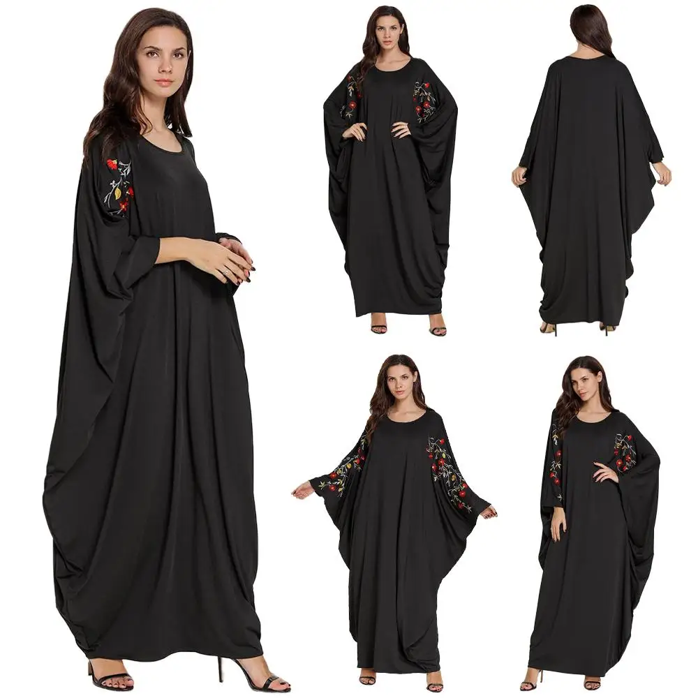 

Dubai Women Muslim Kaftan Bat Sleeve Embroidery Maxi Dress Islamic Lady Robes Farasha Dress Oversized Loose Gown 2019 Fashion