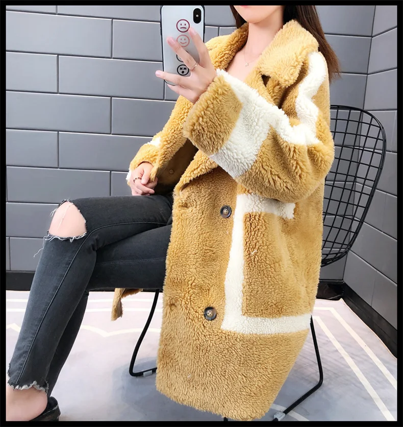 Granules Sheep Shearing Coat Female Winter Fashion new Long Color Matching Compound Fur One Imitation Wool Fur Coat Tide