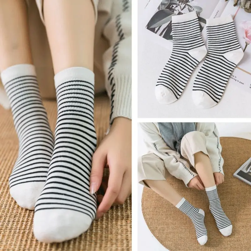 5 пар корейских модных женских носков контрастного цвета с тонкими полосками