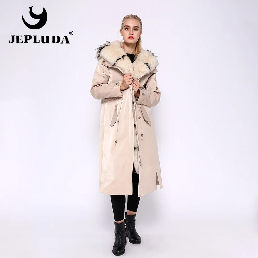 JEPLUDA женская парка с капюшоном большой лисий мех натуральный пушистый подкладки кролик толстый тёплый меховое пальто женское зимнее с мехом полностью съемное парка женская с натуральным мехом лиса и кролик