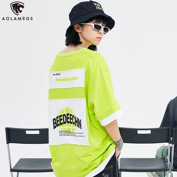 

Aolamegs Men's Tees Fake 2 Pieces Letter Printing T Shirt Men Cotton Tee Shirt Summer Simple All-match Casual Male Streetwear