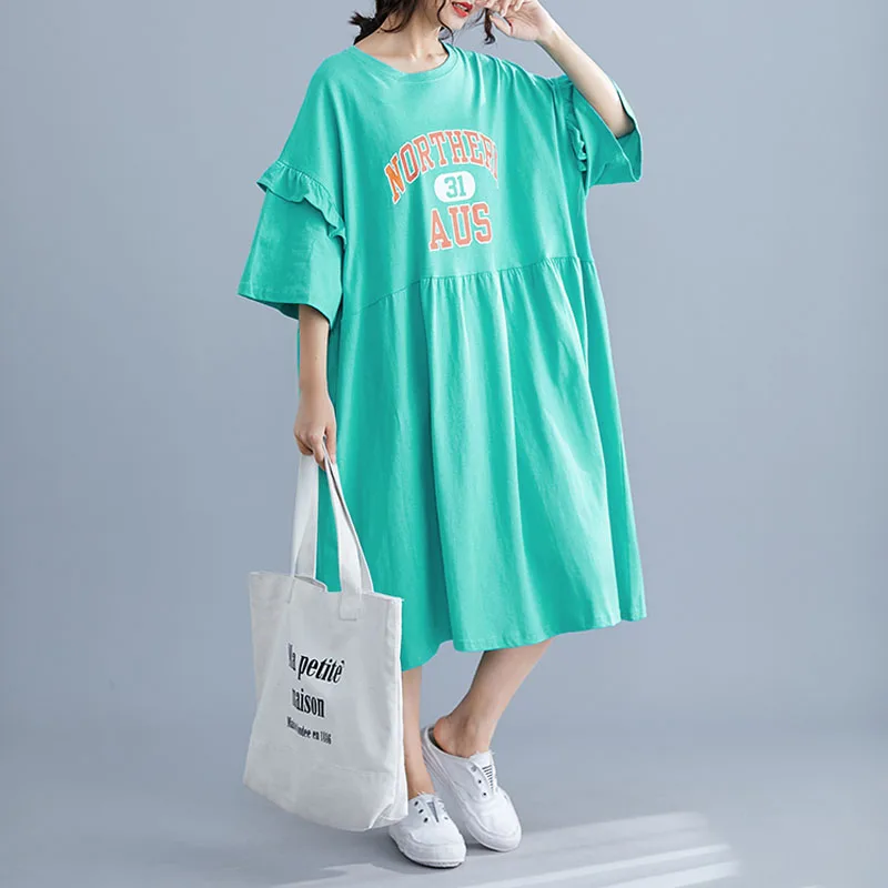 

Oversized Letter Print Cotton T Shirt Dresses Women 2020 Summe Plus Size 4XL 5XL 6XL Loose Summer Lotus Sleeve A-Line Dresses