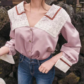 

Summer women's shirt casual solid color lace decoration shirt