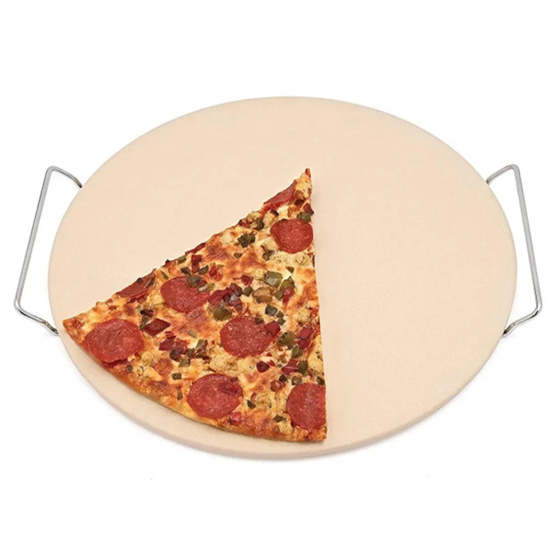 13 Inch Pizza Extra Thick Stone for Baking Tools Oven&ampBBQ Grill Slab Kitchen Bread Tray with Support Frame |