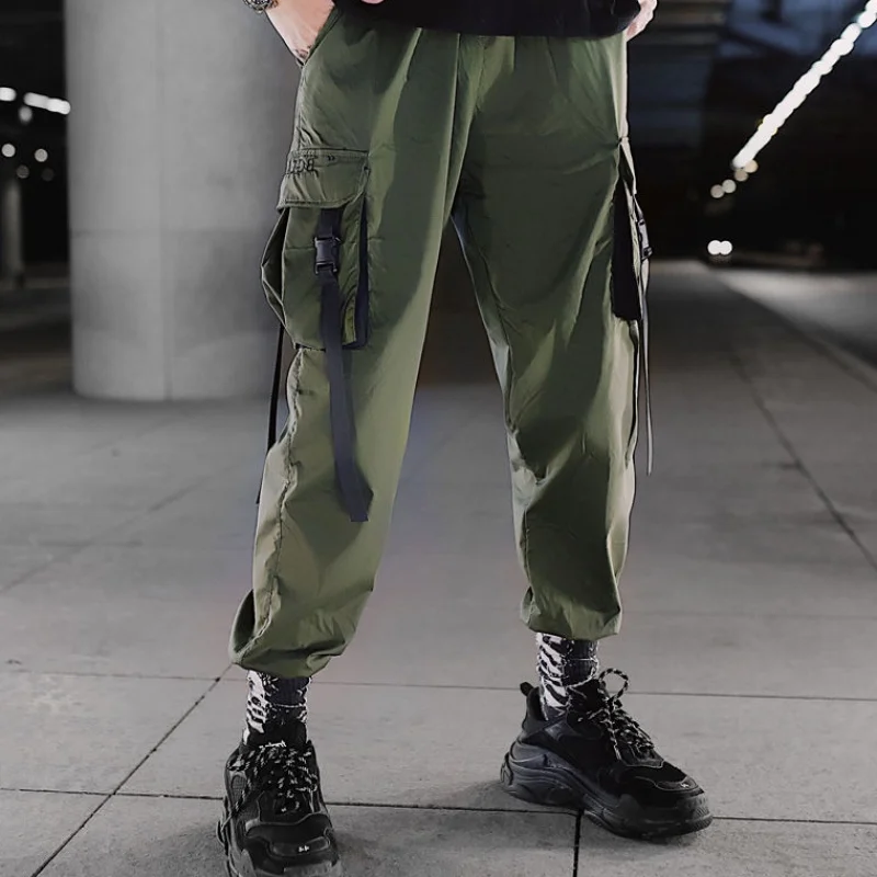 Hip Hop Ribbons Cargo Pants Men Joggers Pants Streetwear Men Fashion Mens Elastic Waist Pant Ribbons Cotton Black