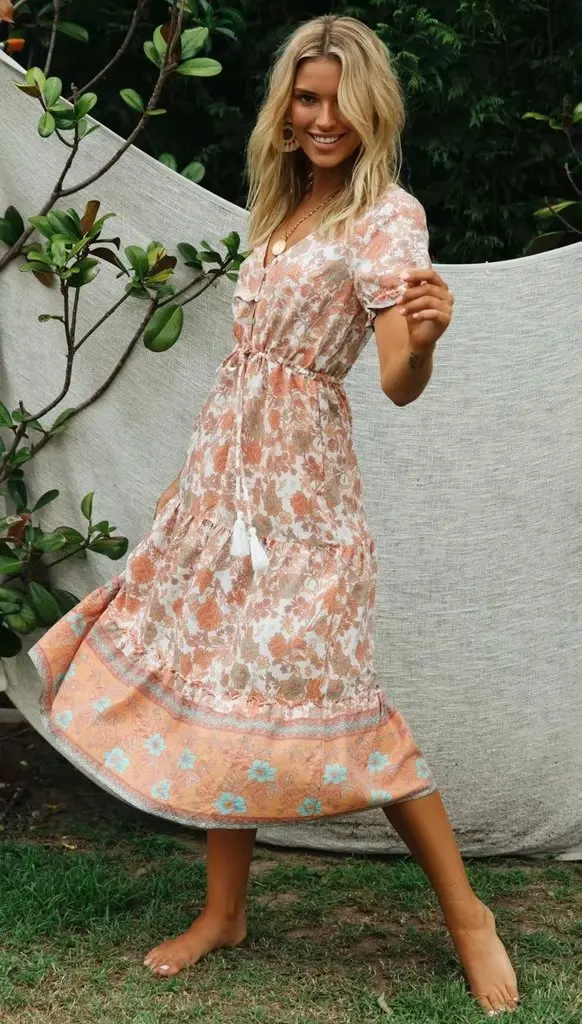 Boho, летнее платье миди с цветочным принтом, короткий рукав, v-образный вырез, шнуровка, винтажное, Vestido, Пляжное, шикарное, длинное женское платье, одежда для вечеринок