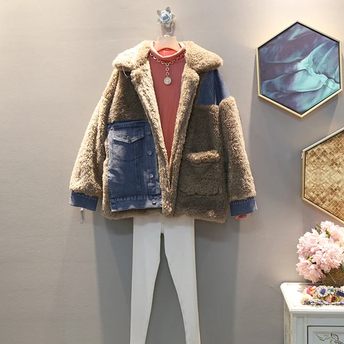 khaki GCC2753 XITAO Лоскутная джинсовая повседневная куртка, Изготовленная с применением техники Открытый шов женщин зима прилива моды свободного размера плюс отложной воротник пальто GCC2753 - Цвет: khaki GCC2753