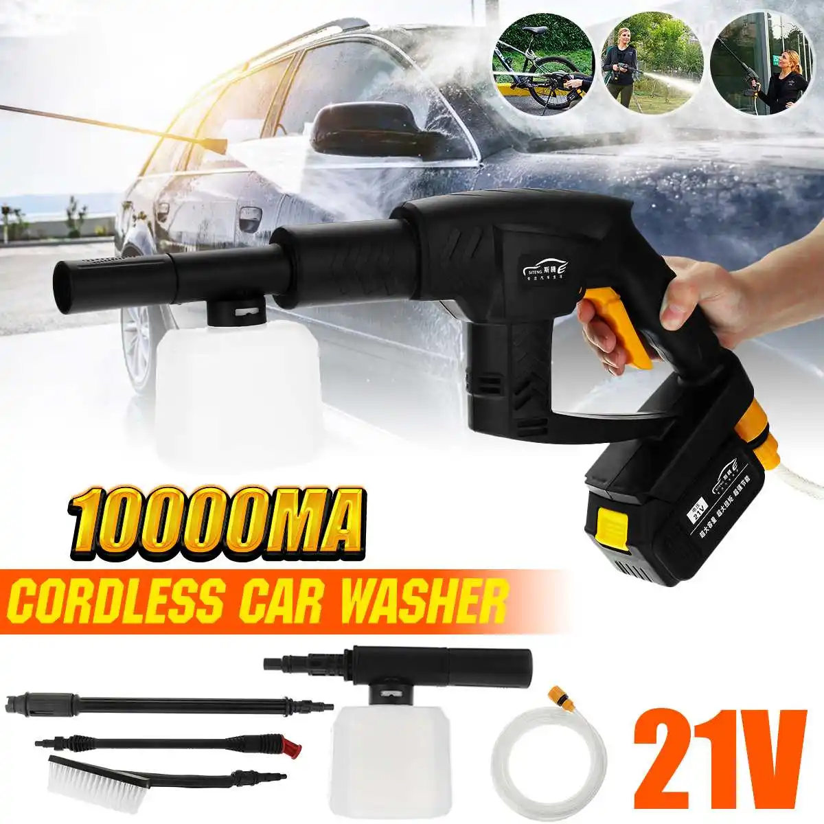 US $117.36 21V Cordless Rechargeable Car Washer High Pressure Hose Cleaner 10000mA Battery Car Jet Watering Spray Sprinkler Cleaning Tool