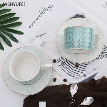 

2Pcs Direct sales new light luxury geometric lines gold orthodox coffee cup saucer afternoon tea coffee milk appliances