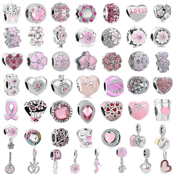 

free shipping 50pcs/lot( each design for one) pink flower heart european mixed diy bead fit women pandora charms bracelet M005