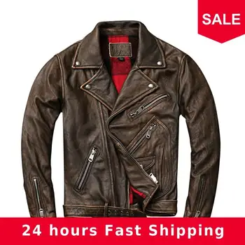 

2020 Vintage Brown Men American Style Biker's Leather Jacket Plus Size 4XL Genuine Cowhide Winter Slim Fit Biker's Leather Coat