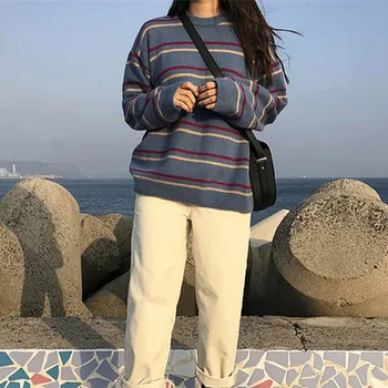 

Women Sweater Striped Autumn O-neck Pullover Tops Knitted Sweater Long-sleeved Thick Steetwear Sweater