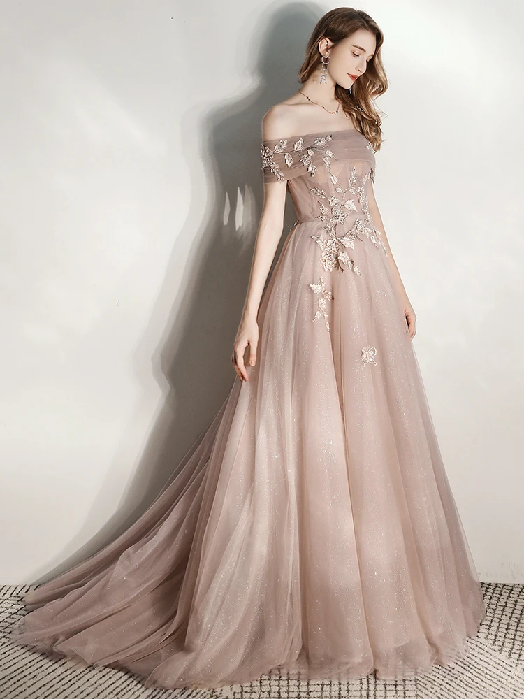 SSYFashion новое длинное вечернее платье, для банкета элегантное платье с вырезом "лодочка" с коротким шлейфом Кружева Аппликации бисерное платье для торжеств Vestidos De Noche