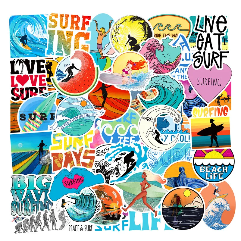 

50 Pcs Summer Surfing Beach Mixed Computer Stickers Laptop refrigerator suitcase decoration Mixed decal for MacBook/Samsung