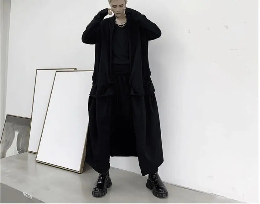 M-XL! Весенний Темный стиль, индивидуальный дизайн, мужской свободный Тренч средней длины выше колена, мужская куртка