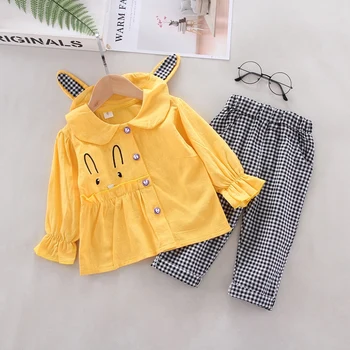 

Autumn Baby Girl clothes 2pcs outfits Cartoon Rabbit Design Long Sleeve Coat Tops+Plaid Pants Cute Kids clothes Set New
