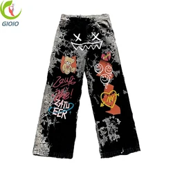 Calças de brim de cintura alta das mulheres 2021 verão nova moda rua hip hop letras smiley graffiti imprimir solto perna larga calças jeans feminino