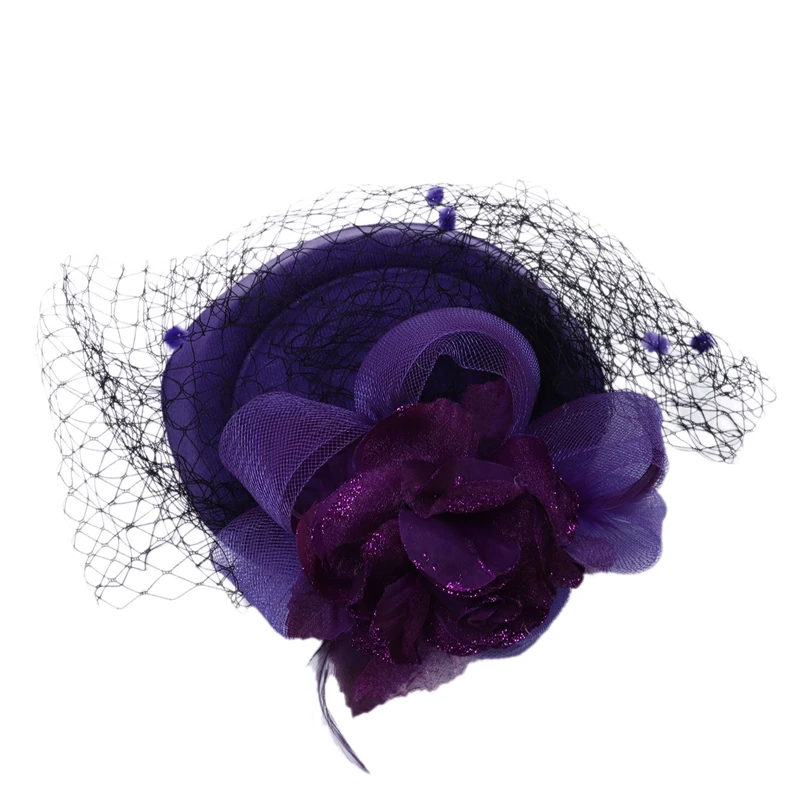Purple Заколка для волос повязка на голову Pillbox Hat котелок перо Цветочная вуаль Свадебная вечеринка шляпа фиолетовый - Цвет: Purple