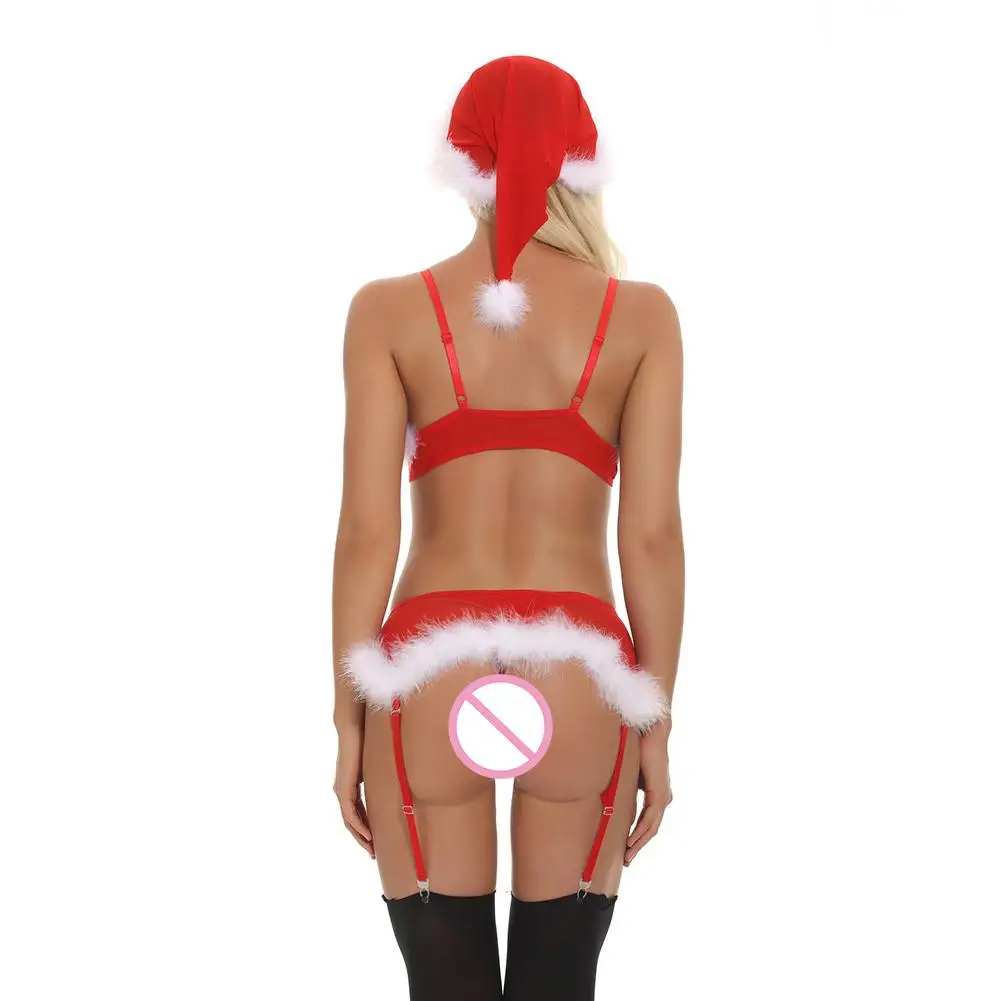 Взрослый Для женщин рождественское белье Санта бюстгальтер и трусики Комплект с подвязками сексуальное Эротическое белье Костюмы Рождественский костюм со шляпой 30E