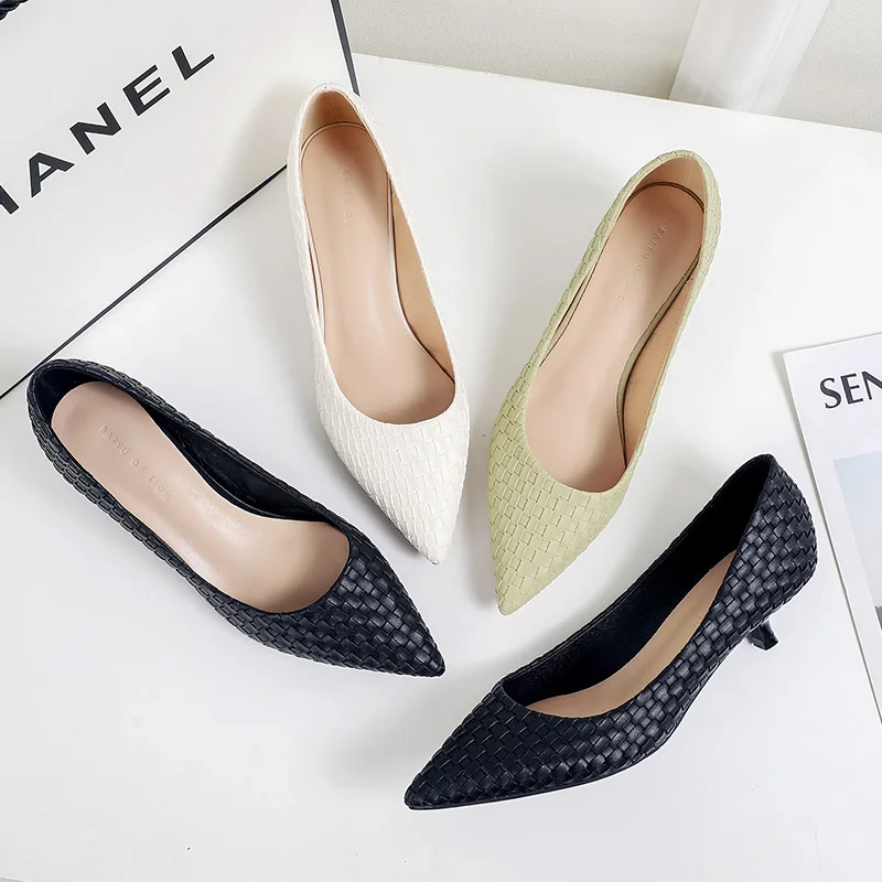 Classic Woman Pumps Small Thin Med Heels 3.5/6.5CM Point Toe Weave Pleated Career Work Elegant Leather High Heel Shoes for Women
