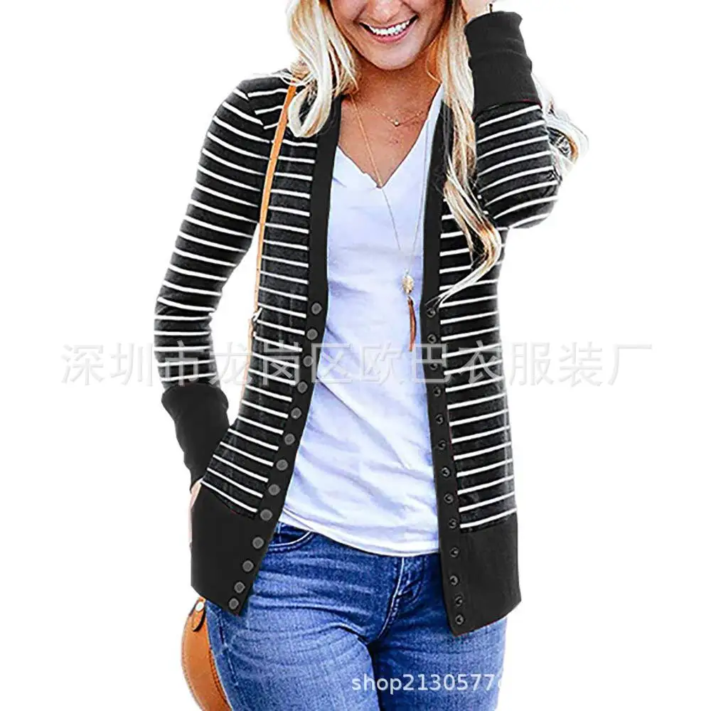 

2019 Autumn And Winter Hot Selling Europe And America Large Size Women's Fashion Medium-length Button Stripes Cardigan Coat