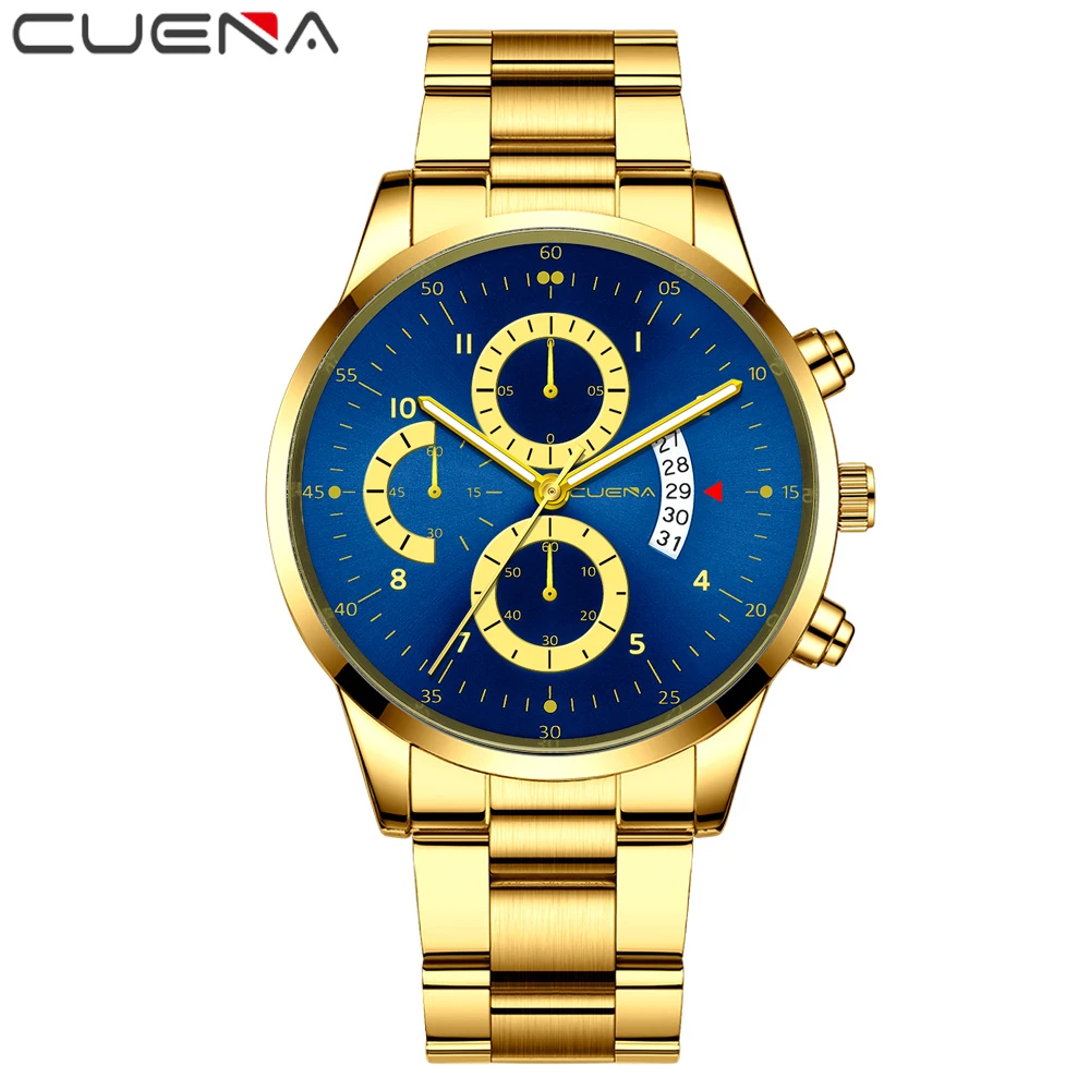 

CUENA New Casual Sport Chronograph Men's Watches Stainless Steel Band Wristwatch Big Dial Quartz Clock Waterproof Watch Relogio
