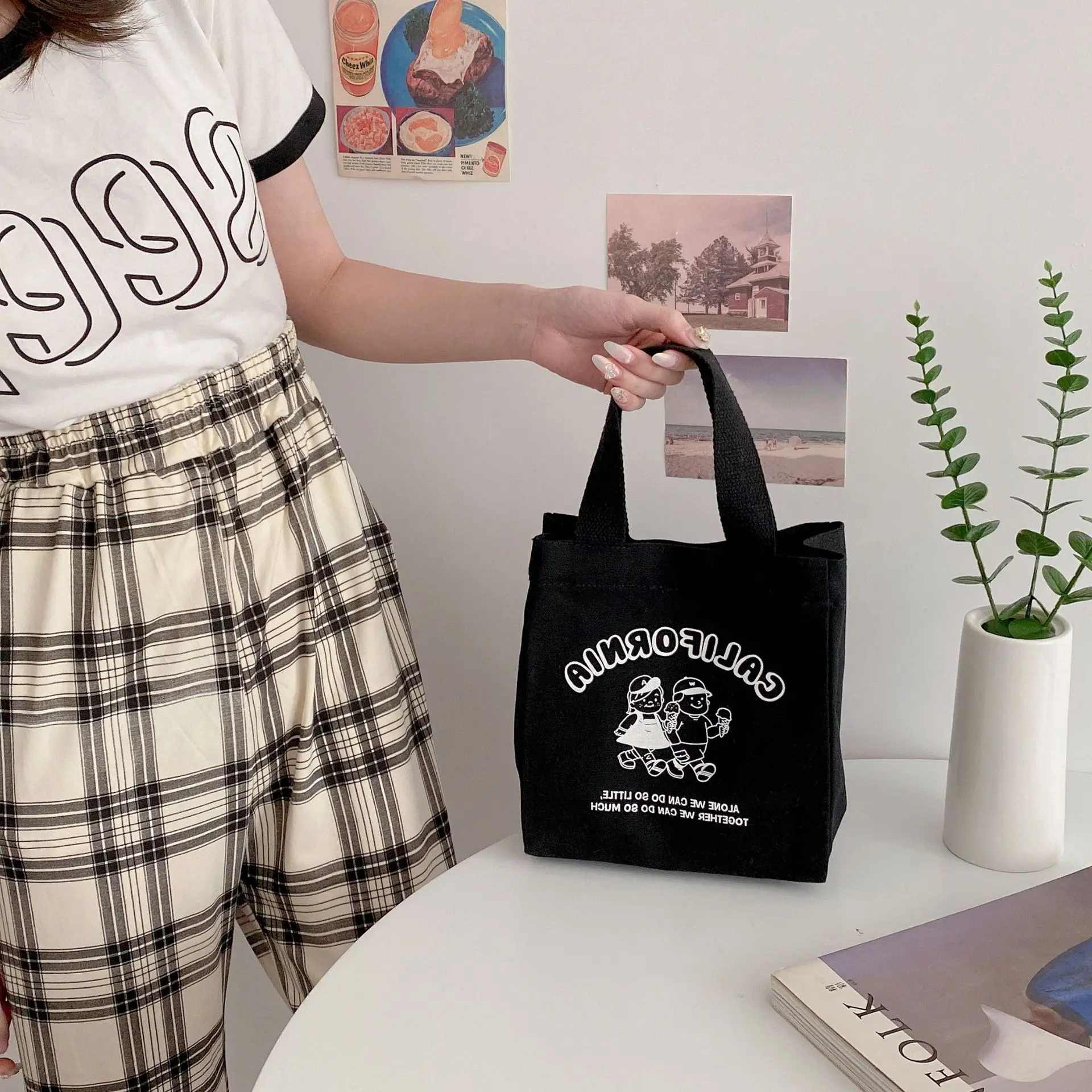 Cute Lunch Bag Canvas Lunch Box Picnic Tote Cotton Cloth Small Handbag Pouch Dinner Container Food Storage Bags Ladies